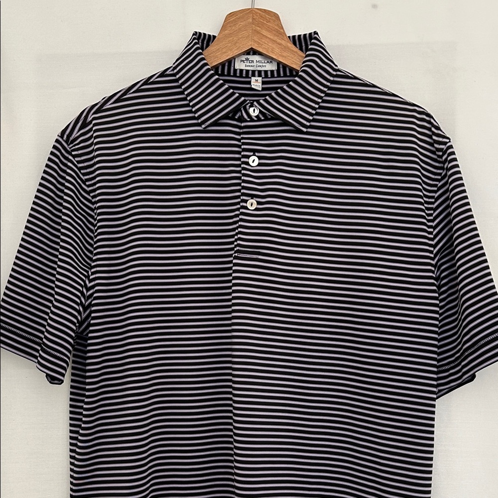 Peter Millar Black, Purple and White Striped Golf Polo Shirt